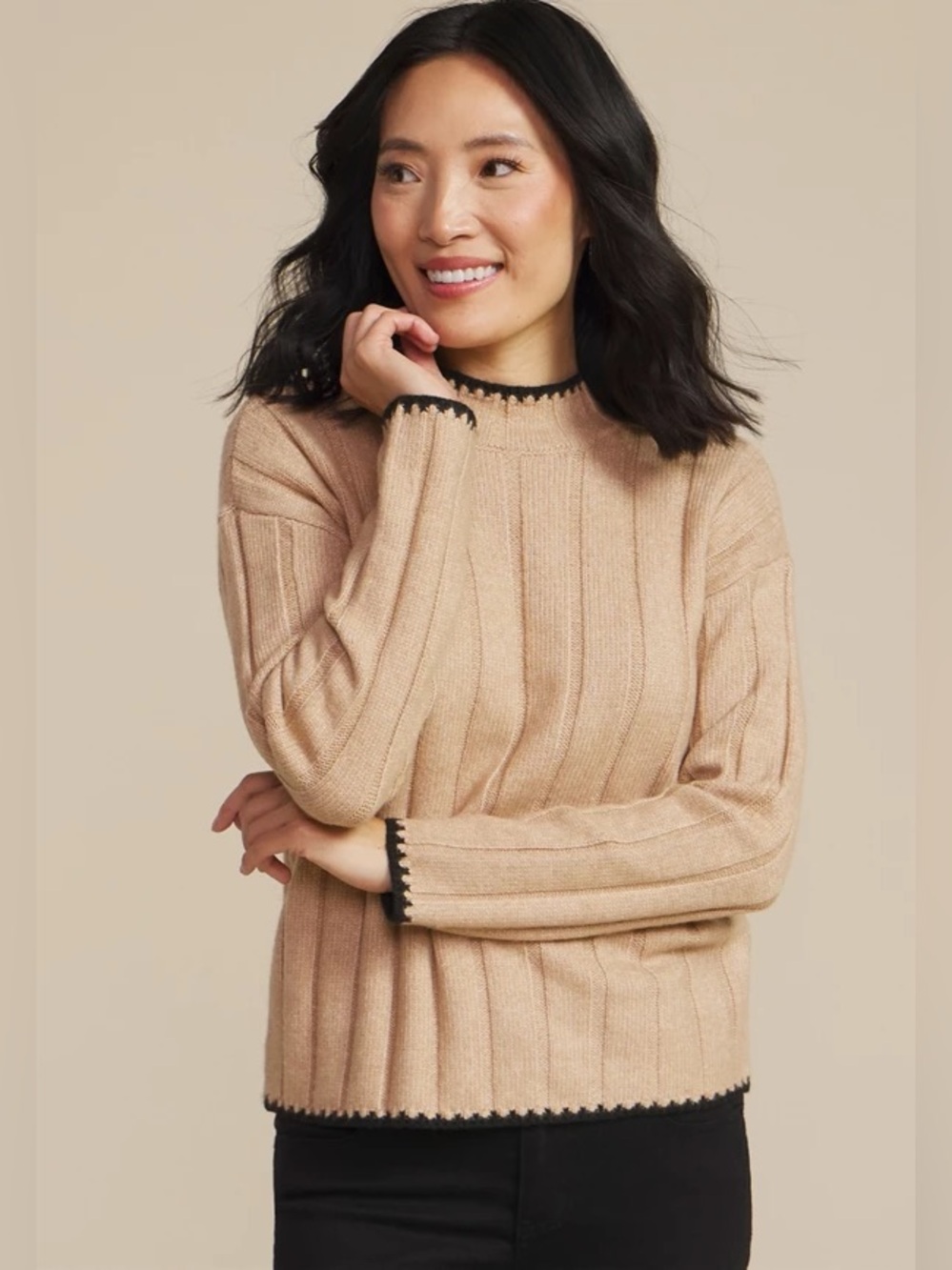 Maurices XL Tan Rib knit sweater black trim NWT